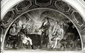 El Juicio de Galileo (1564-1642). Alessandro Volta (1745-1827) presentando sus experimentos con una batería eléctrica a Napoleón (1769-1821) de Nicola Cianfanelli